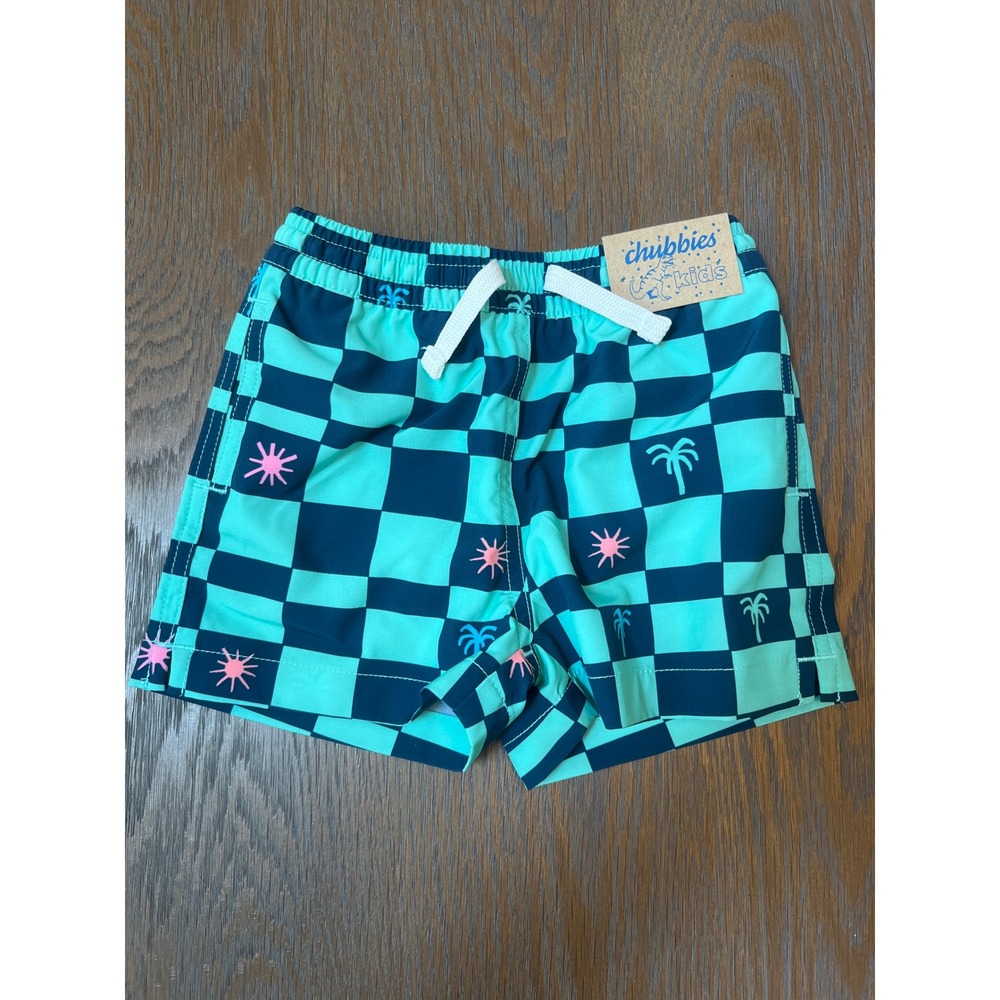 Chubbies Kids The Mini Checks Swim Trunks Teal Navy Checkerboard 2T